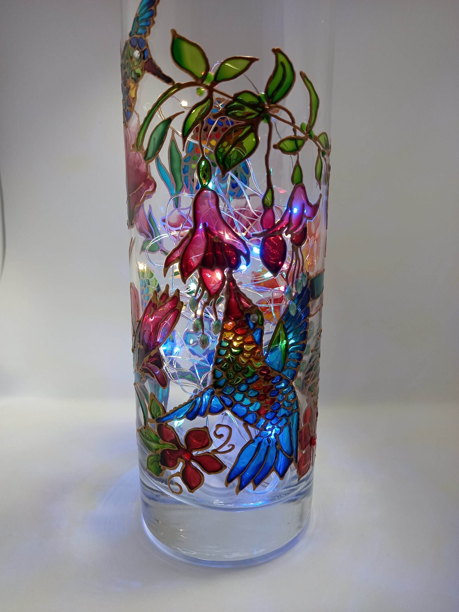 Stained Glass Vase Hand Painted Hummingbird Vase Lamp 102 Etsy