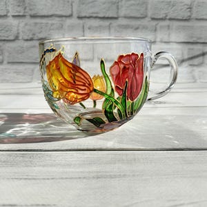 Staned Glass Cup 17 oz ( 500 ml) Painted Glass Cup Personalized Cup Custom Cup Tulips Mug Transparent Glass Coffee Cup Tea Mug