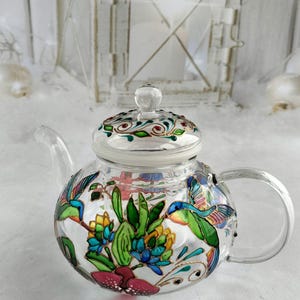 Tetera de vidrio de colores Tetera personalizada Regalos de colibrí Regalo de fiesta de té Regalo para nuevo hogar Juego de té Regalos de pájaros Tetera pintada a mano imagen 11