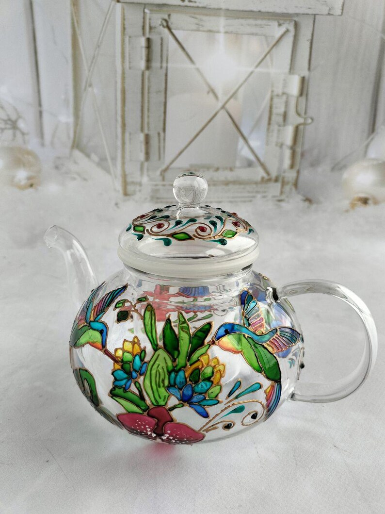 Tetera de vidrio de colores Tetera personalizada Regalos de colibrí Regalo de fiesta de té Regalo para nuevo hogar Juego de té Regalos de pájaros Tetera pintada a mano imagen 11