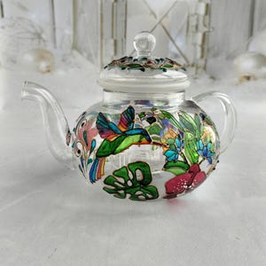 Tetera de vidrio de colores Tetera personalizada Regalos de colibrí Regalo de fiesta de té Regalo para nuevo hogar Juego de té Regalos de pájaros Tetera pintada a mano imagen 6