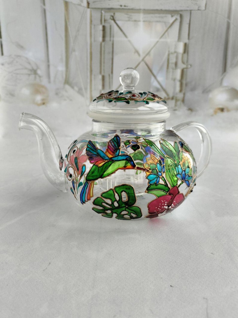 Tetera de vidrio de colores Tetera personalizada Regalos de colibrí Regalo de fiesta de té Regalo para nuevo hogar Juego de té Regalos de pájaros Tetera pintada a mano imagen 6