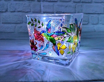 Stained Glass Hummingbird Tea Light Holder: Hand-Painted Bird Art