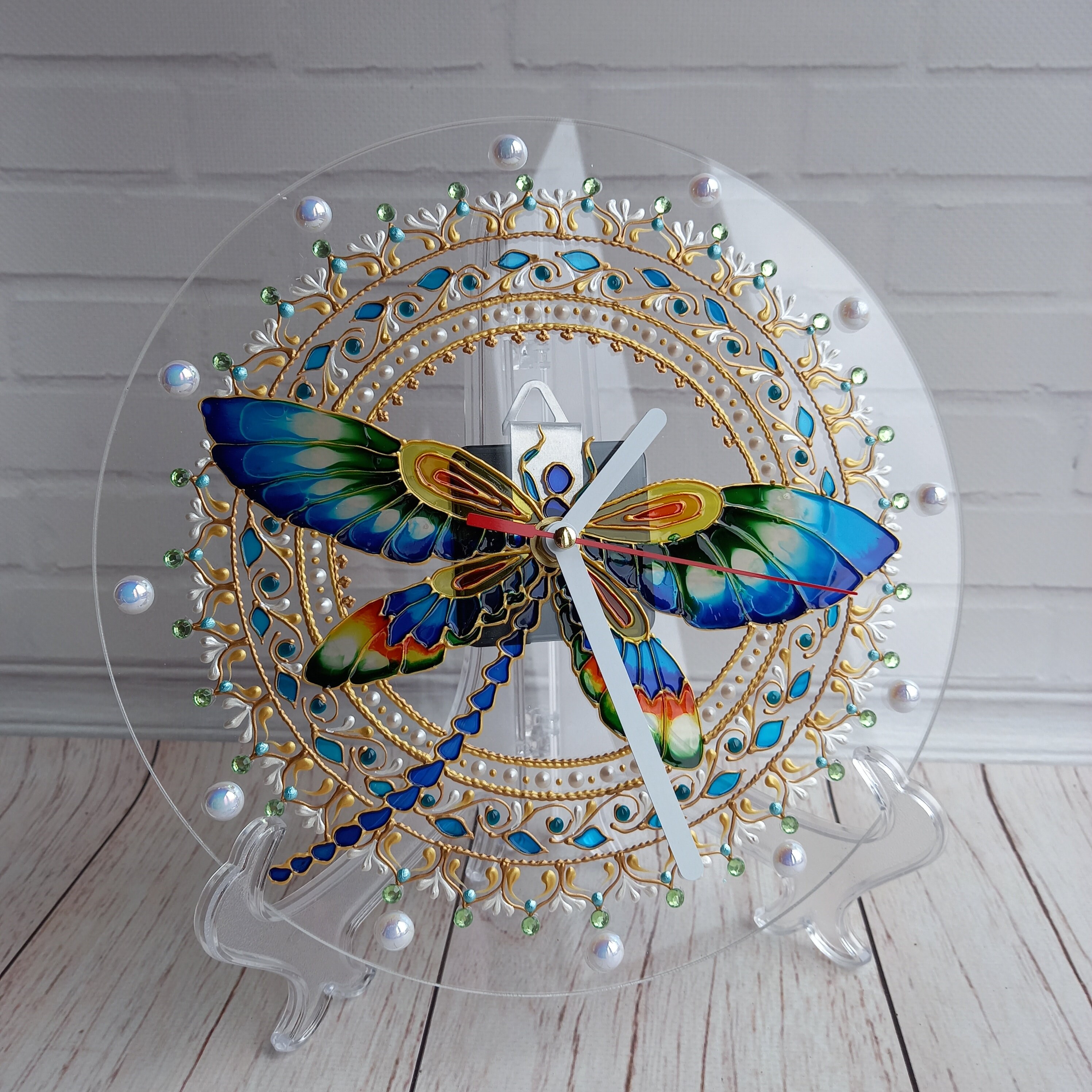 Round Wall Clock 10 in 24 cm Stained Glass Clock Hand Etsy