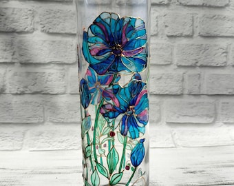 Stained Glass Poppy Vase: Personalized Blue Flower Vase, LED Light Included