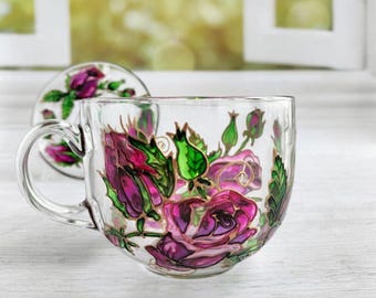 Taza de café con rosas rosadas de 17 oz/500 ml, taza y platillo personalizados, taza personalizada, juego de té, fiesta de té, regalo para abuela, regalo para mejor amiga, taza para mamá