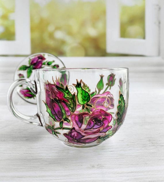 Rosa Rosen Kaffeetasse 17 oz / 500 benutzerdefinierte Tasse und Untertasse Personalisierte Tasse Tee-Set Teeparty Geschenk für Oma Bester Freund Geschenk Mama Becher