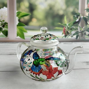 Tetera de vidrio de colores Tetera personalizada Regalos de colibrí Regalo de fiesta de té Regalo para nuevo hogar Juego de té Regalos de pájaros Tetera pintada a mano imagen 4