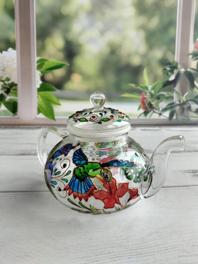 Tetera de vidrio de colores Tetera personalizada Regalos de colibrí Regalo de fiesta de té Regalo para nuevo hogar Juego de té Regalos de pájaros Tetera pintada a mano imagen 4