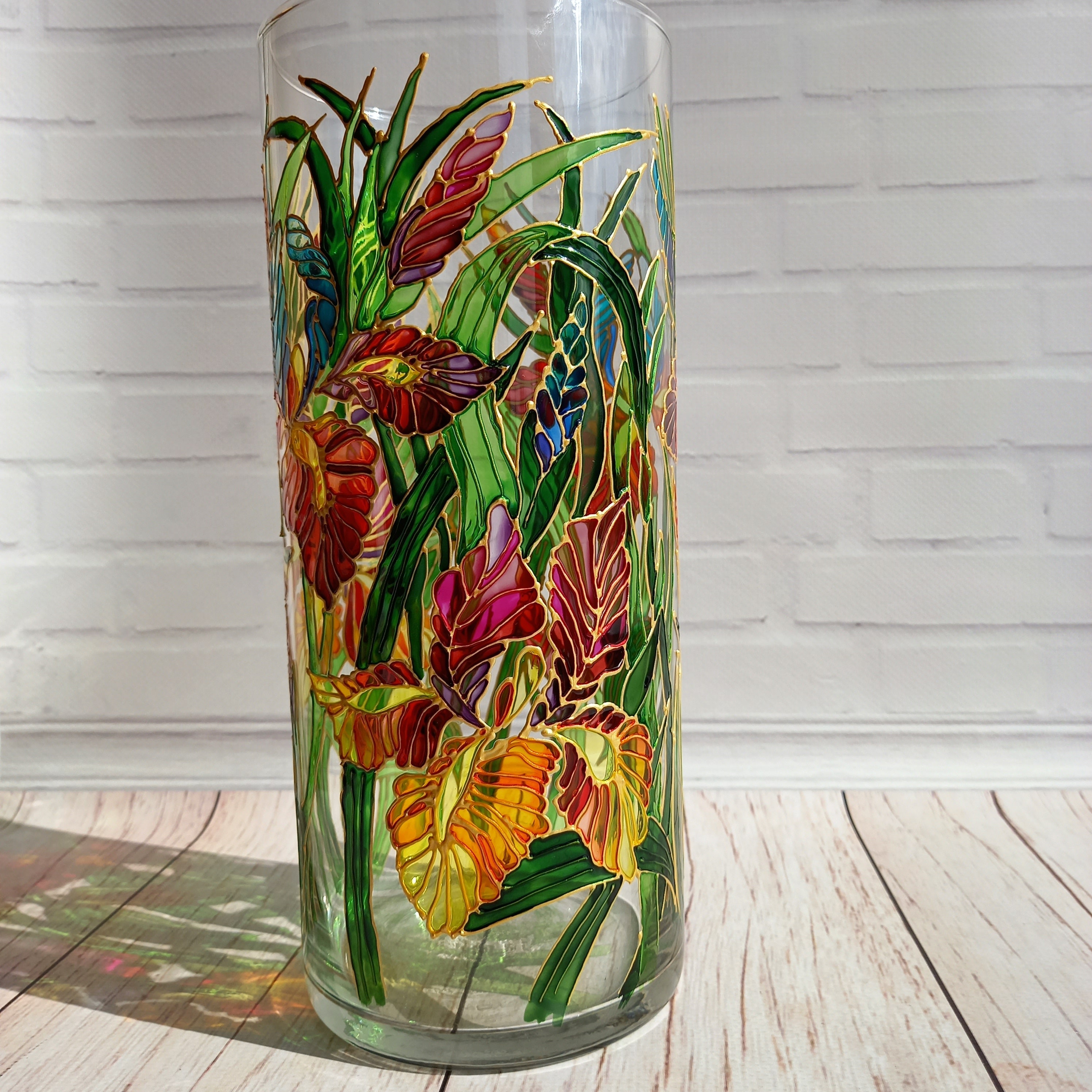 Stained Glass Vase Hand Painted Irises Vase 104 1/3 in Etsy