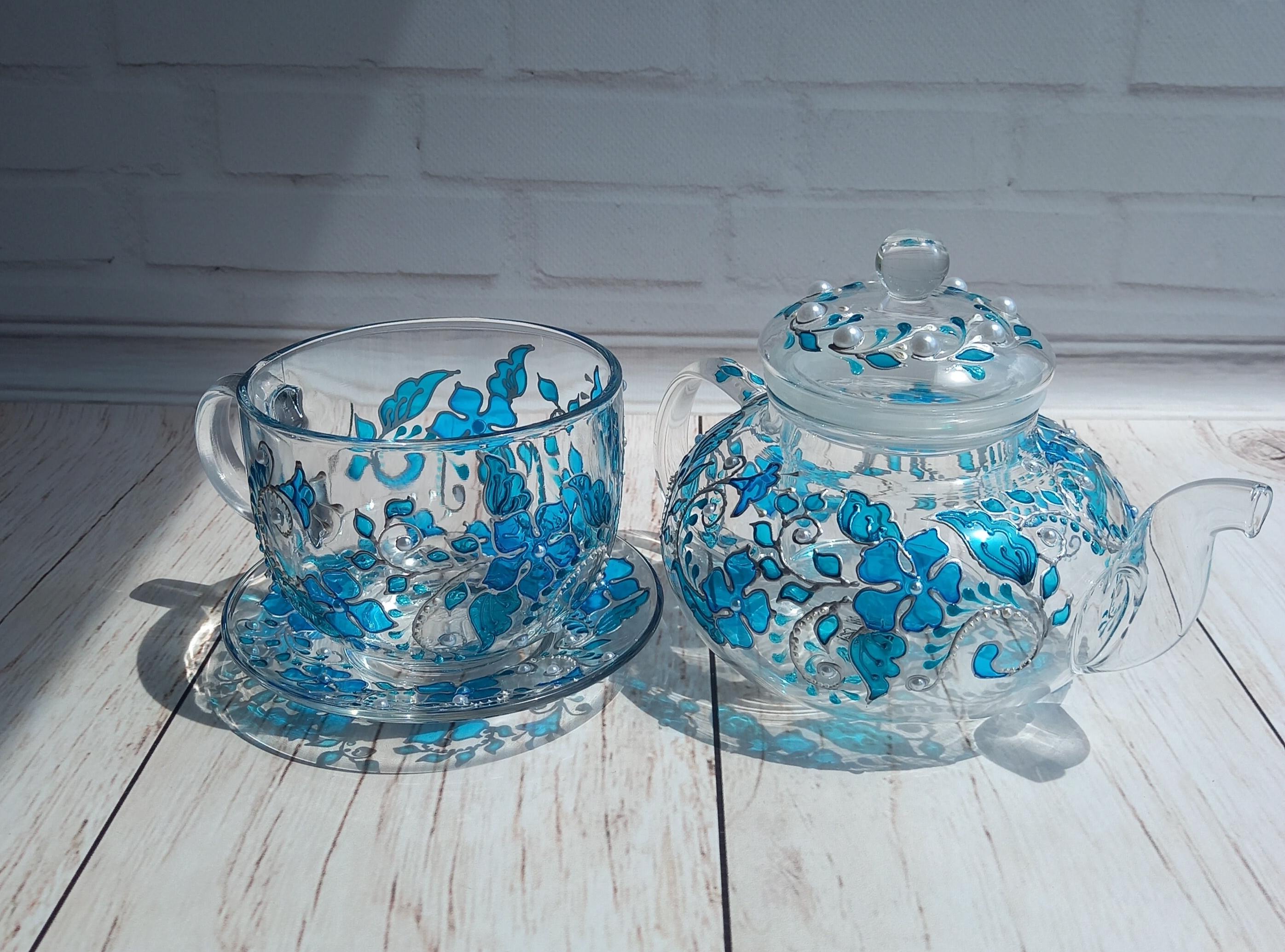 Stained glass Tea set and Teapot Hand Painted Tea Set Custom Tea Set Housewarming gift Hostess gift Anniversary gift Gift for wife Tea party