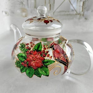 Stained Glass Teapot Custom Tea Pot with Cardinal Bird gifts  Cardinal Christmas Ornament Hand Painted Teapot Cardinal Memorial Gift