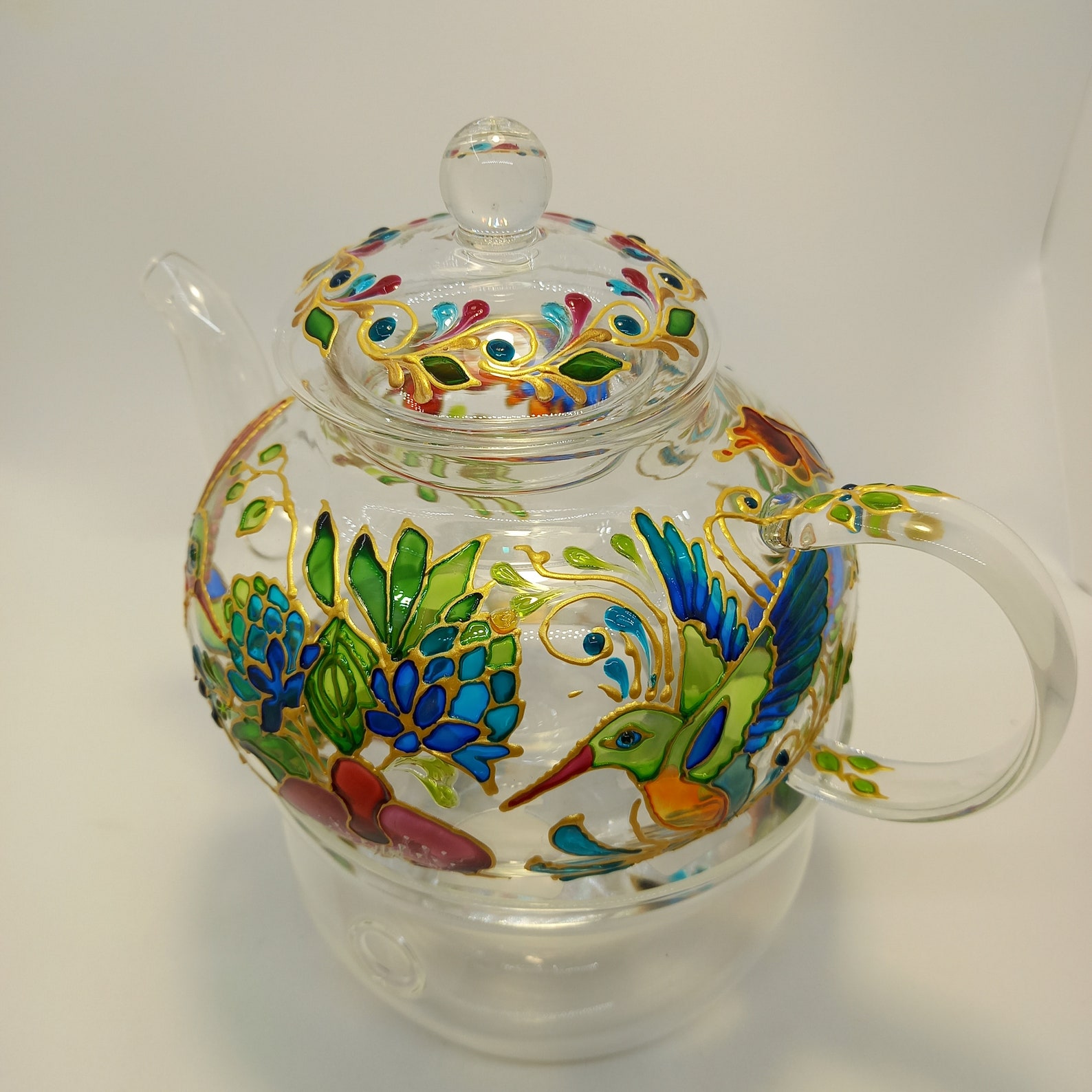Stained Glass Teapot 20 oz 600 ml Hummingbirds Hand Painted Etsy