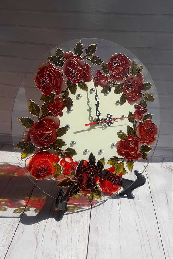 Red Rose Wall Clock 126 In 32 Cm Hand Painted Round Clock Etsy