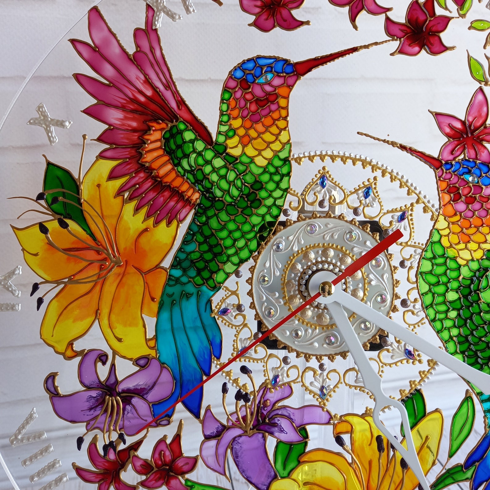 Stained Glass Wall Clock 12 in 32 cm Hummingbirds Hand Etsy