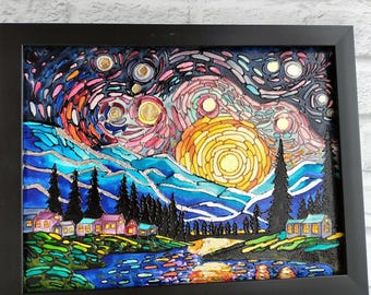 ヴィンセント・ヴァン・ゴッホ - 星月夜。ステンドグラスとキャンバス