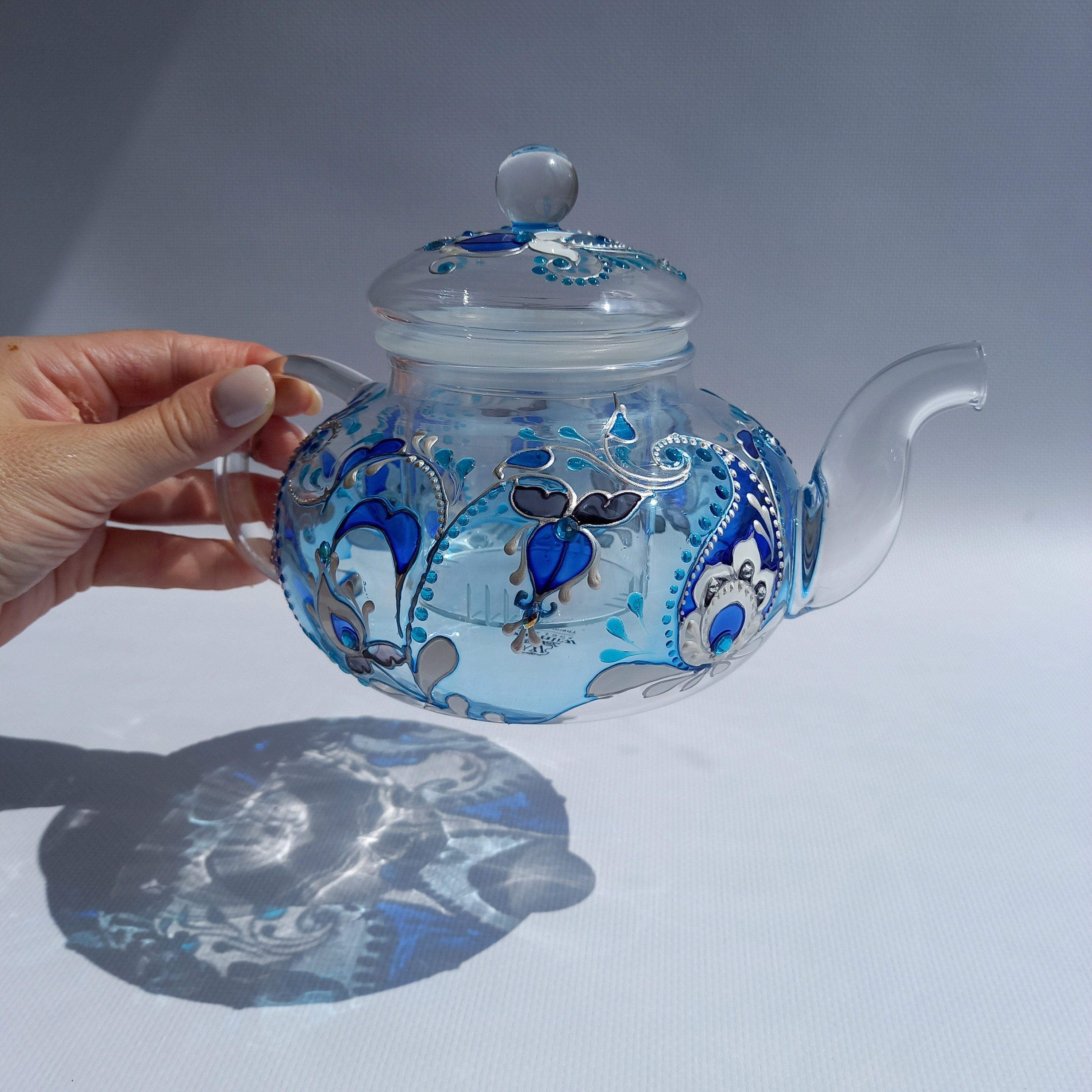 Stained Glass Teapot 20 Oz ( 600 Ml) Blue Hand Painted Teapot Custom ...