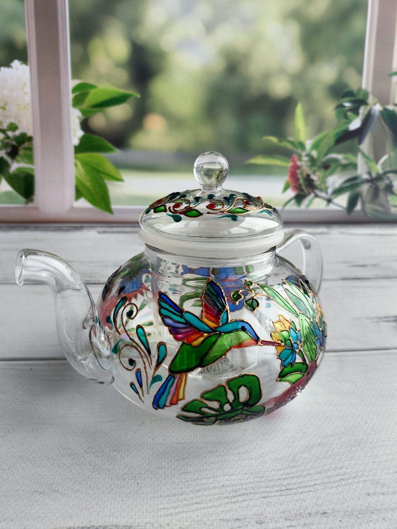 Tetera de vidrio de colores Tetera personalizada Regalos de colibrí Regalo de fiesta de té Regalo para nuevo hogar Juego de té Regalos de pájaros Tetera pintada a mano imagen 2
