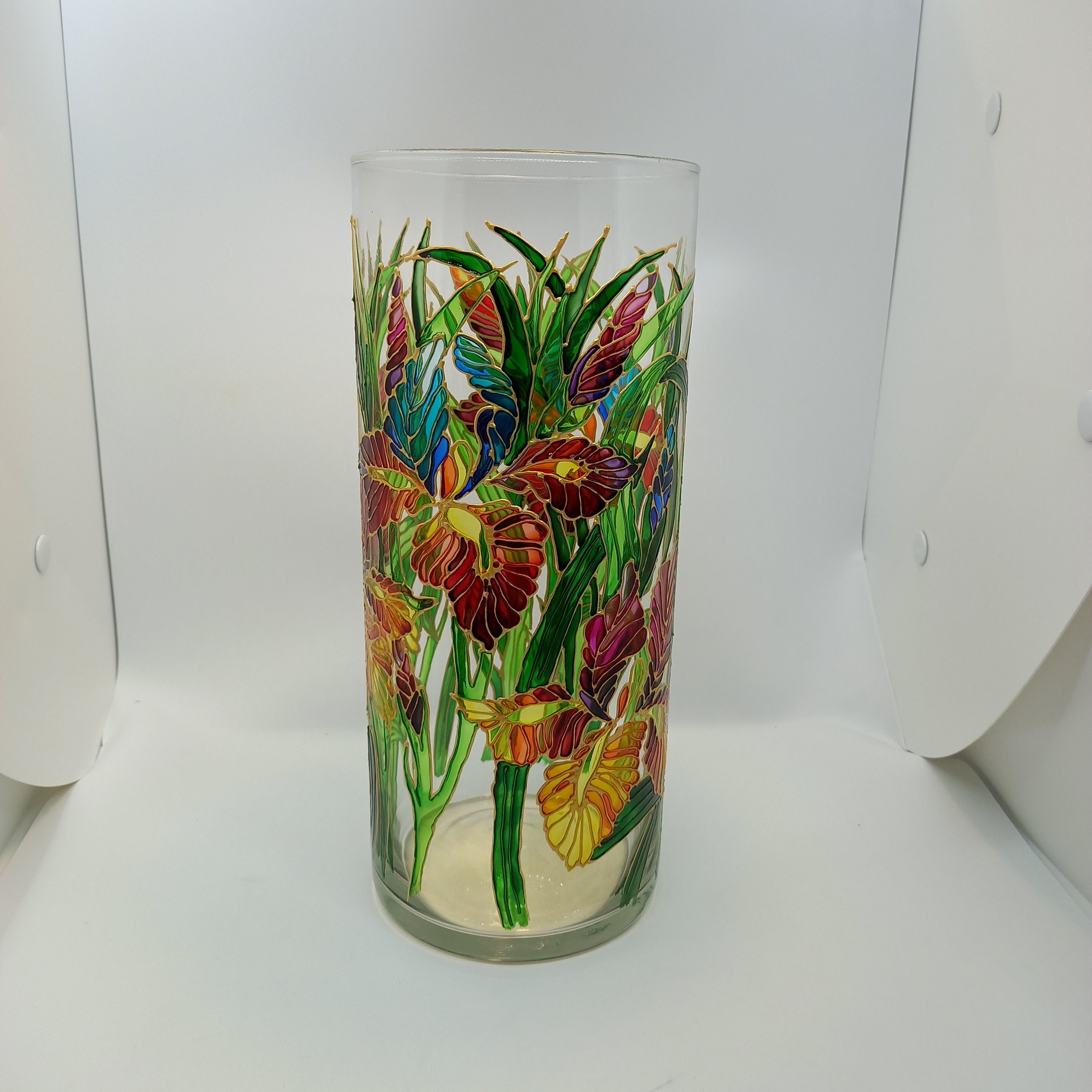 Tall Stained Glass Vase Hand Painted Irises Vase 104 1/3 in Etsy