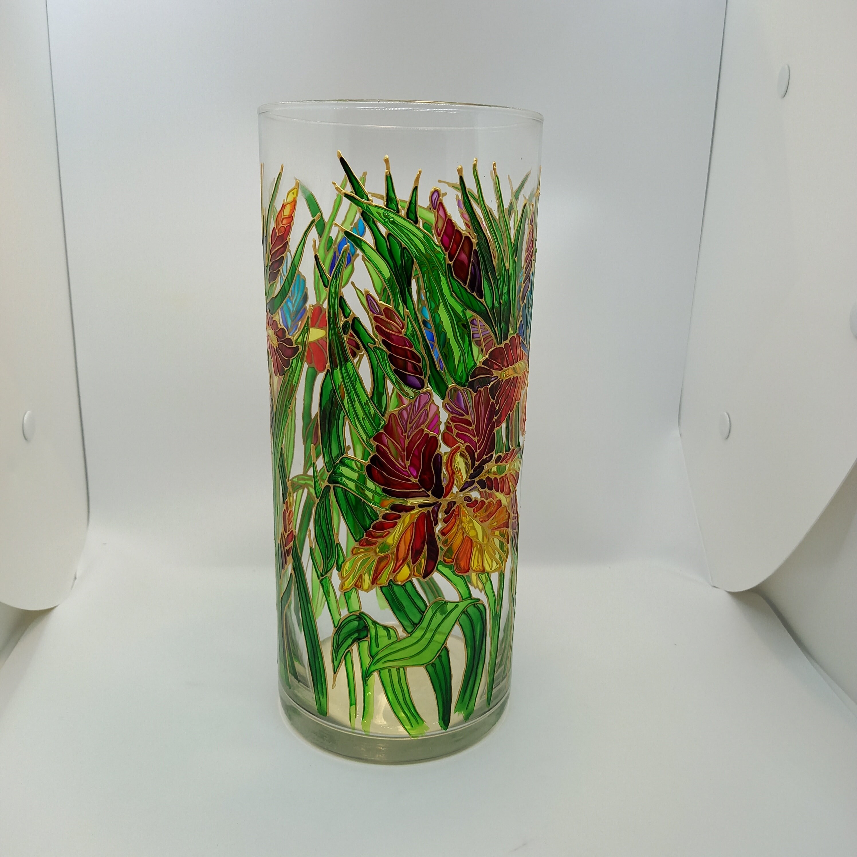 Tall Stained Glass Vase Hand Painted Irises Vase 104 1/3 in Etsy