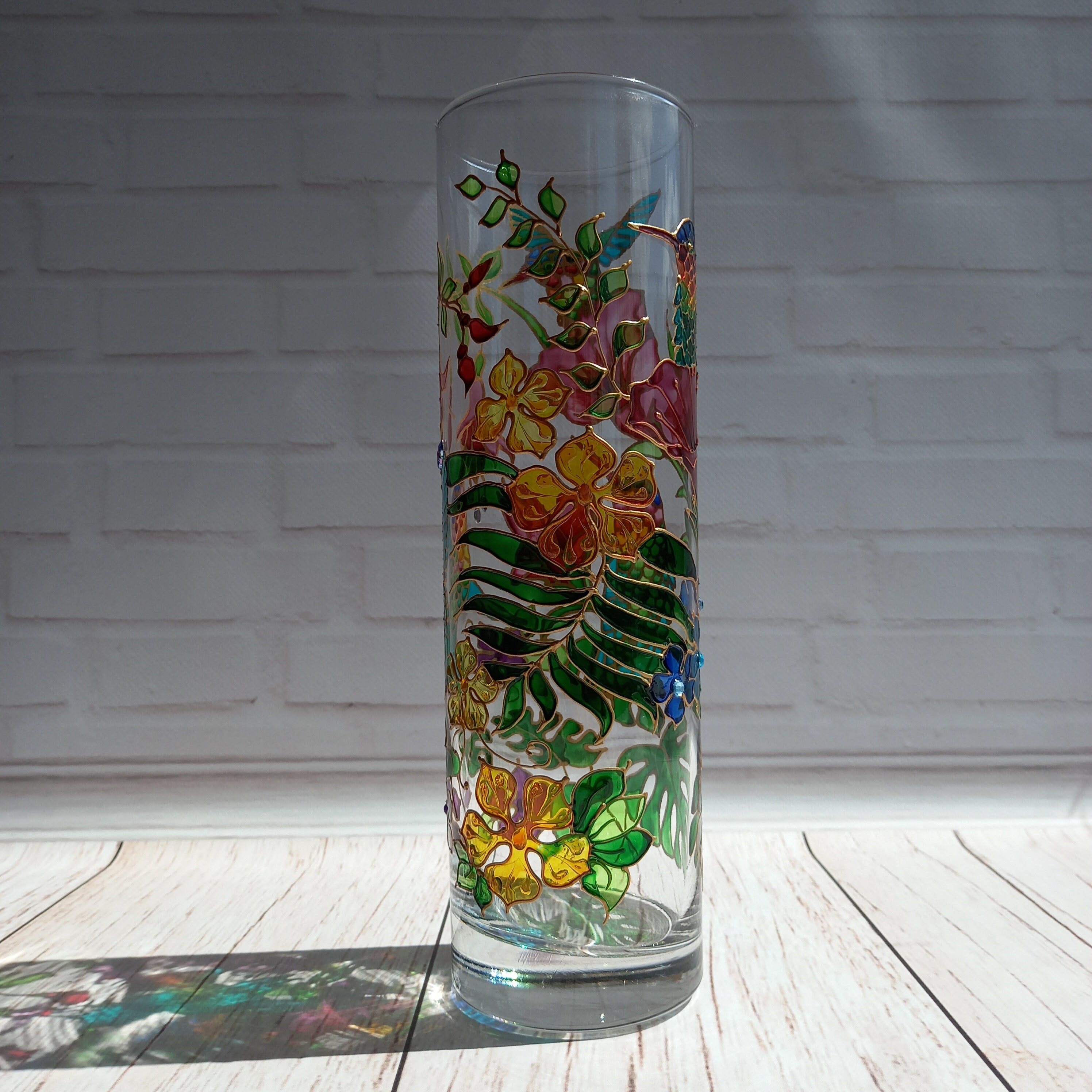 Stained Glass Vase Hand Painted Hummingbird Vase 104 in Etsy