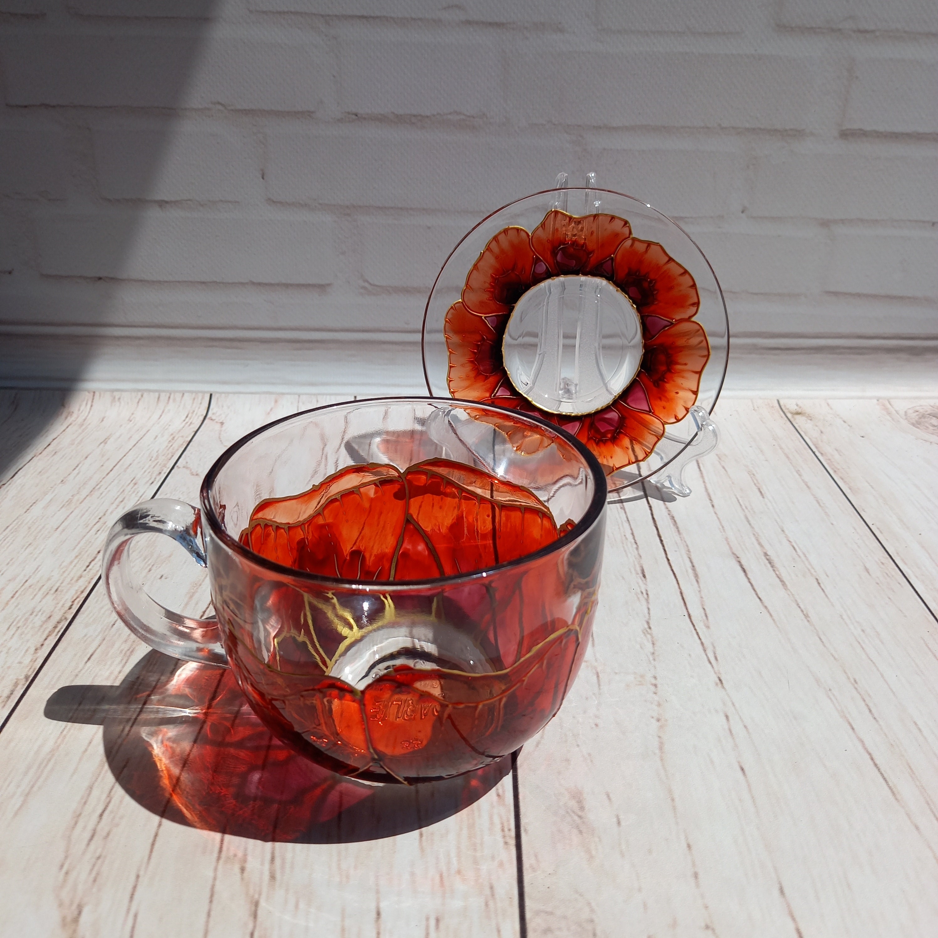 Hand Painted Tea Set Stained Glass Coffee Cup 17 oz 500 ml Etsy