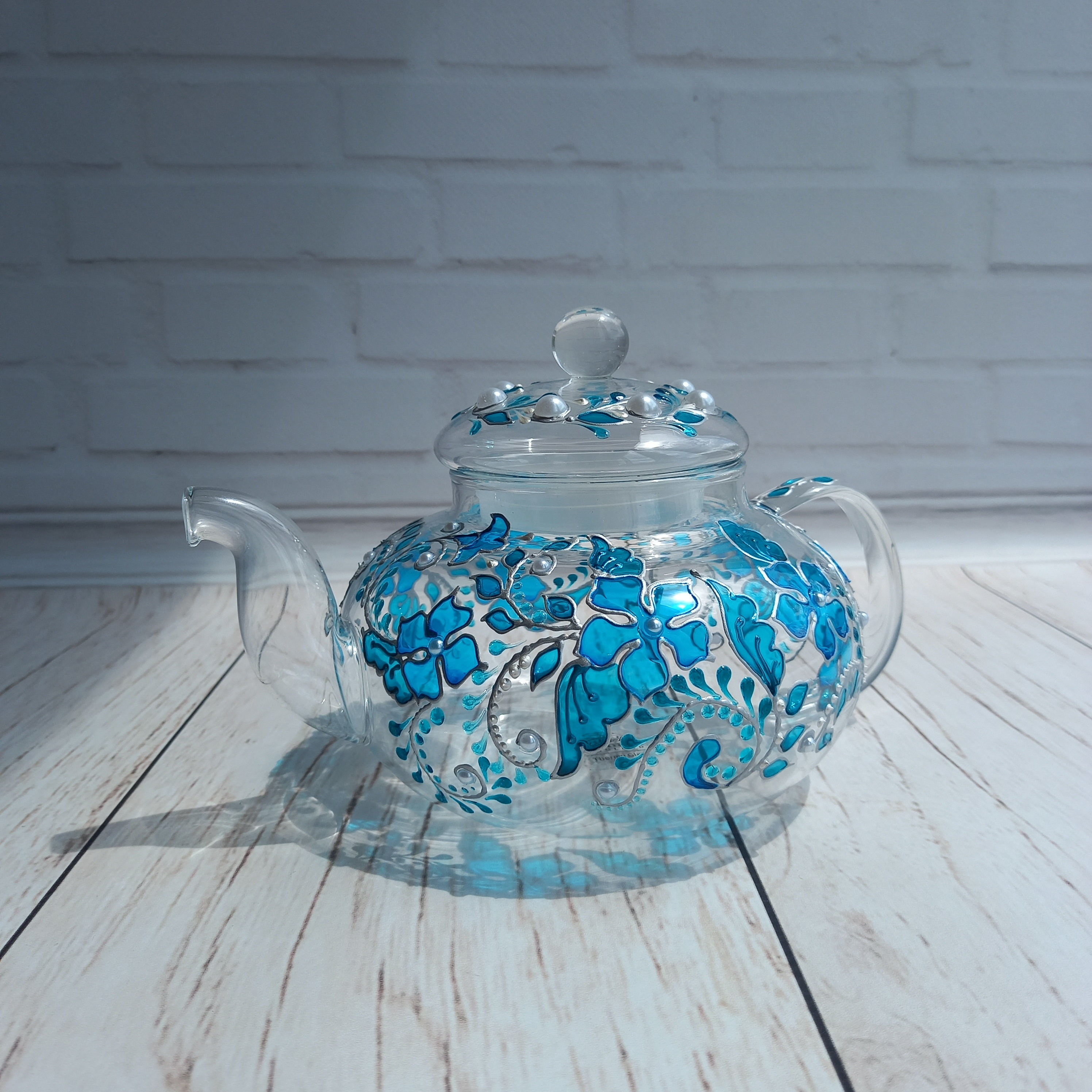 Stained Glass Teapot 20 oz 600 ml Blue Flowers Hand Painted Etsy
