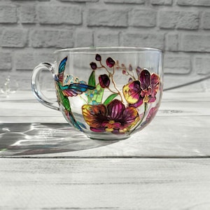 Stained Glass Coffee Cup 17 oz ( 500 ml) Orchids Mug Hummingbirds Hand Painted Mug Personalized Tea Mug Custom Glass Cup Mothers Day Gift