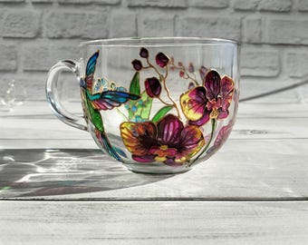 Stained Glass Coffee Cup 17 oz ( 500 ml) Orchids Mug Hummingbirds Hand Painted Mug Personalized Tea Mug Custom Glass Cup Mothers Day Gift
