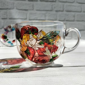 Stained glass Coffee cup 17 oz / 500 ml and saucer Fairies cup Hand painted tea set  Custom cup Gift for daugter Personalized mug Tea party