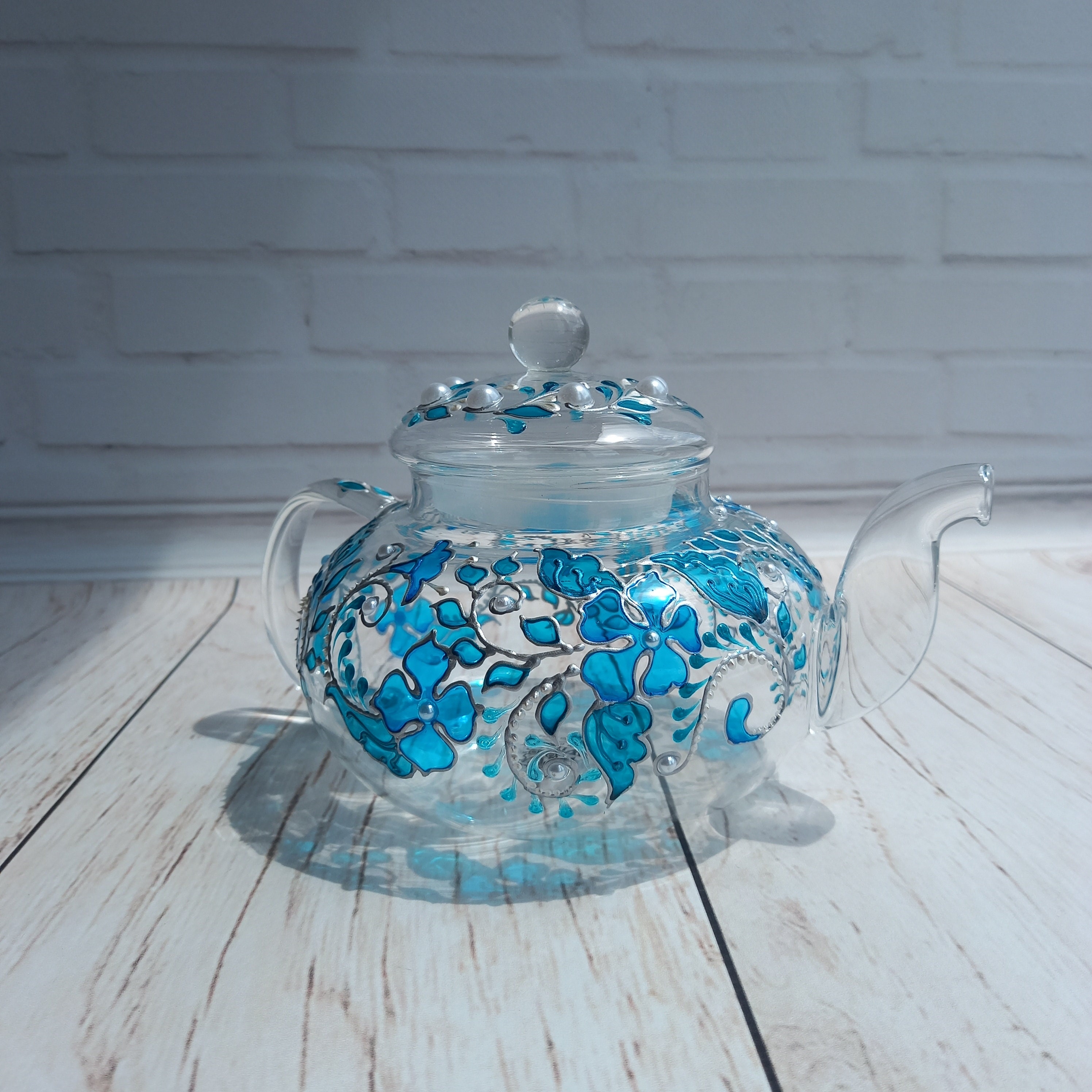 Stained Glass Teapot 20 oz 600 ml Blue Flowers Hand Painted Etsy