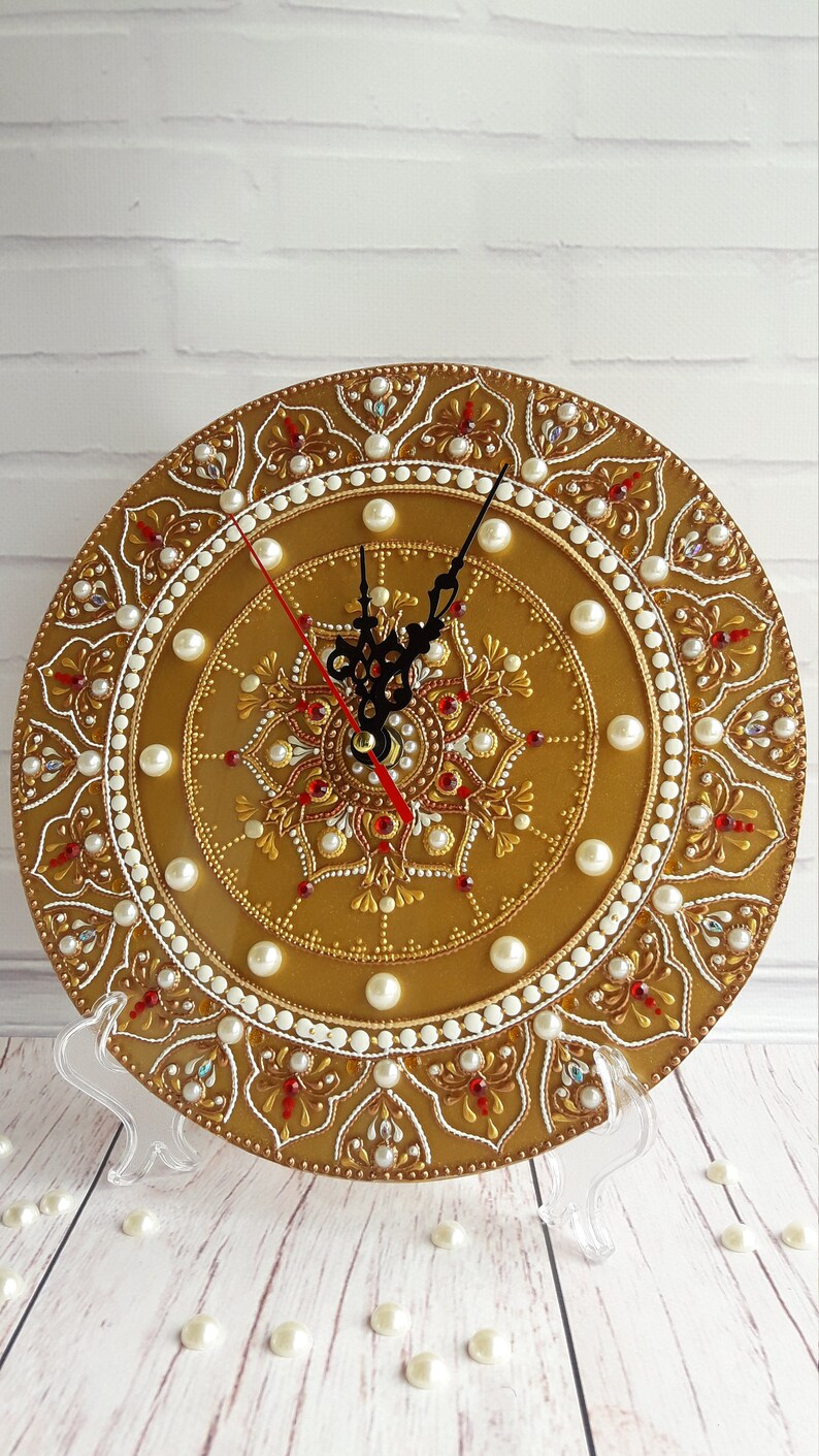 Round Wall clock 98 in 25 cm Gold Wall Clock Stained Glass Etsy