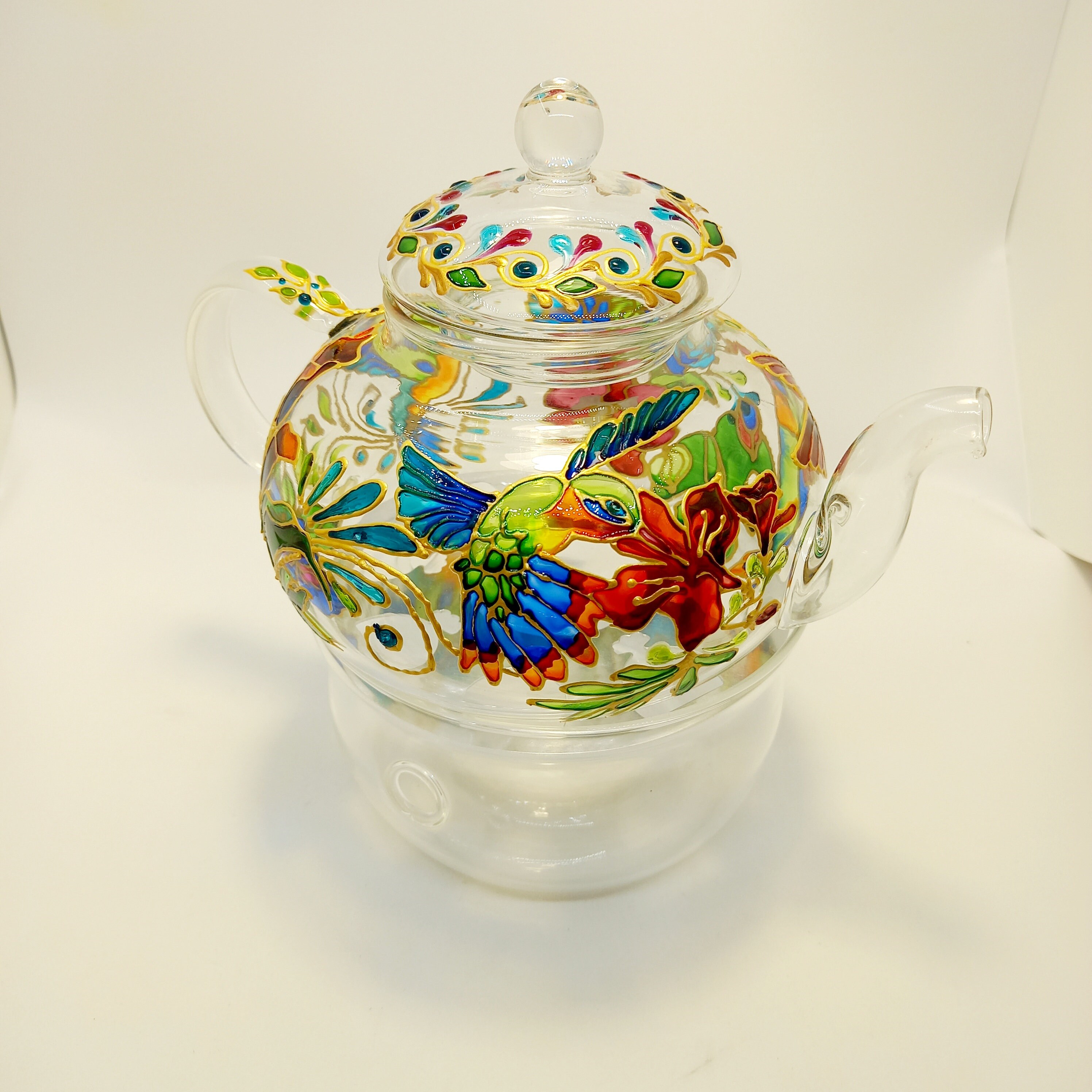 Stained Glass Teapot 20 oz 600 ml Hummingbirds Hand Painted Etsy