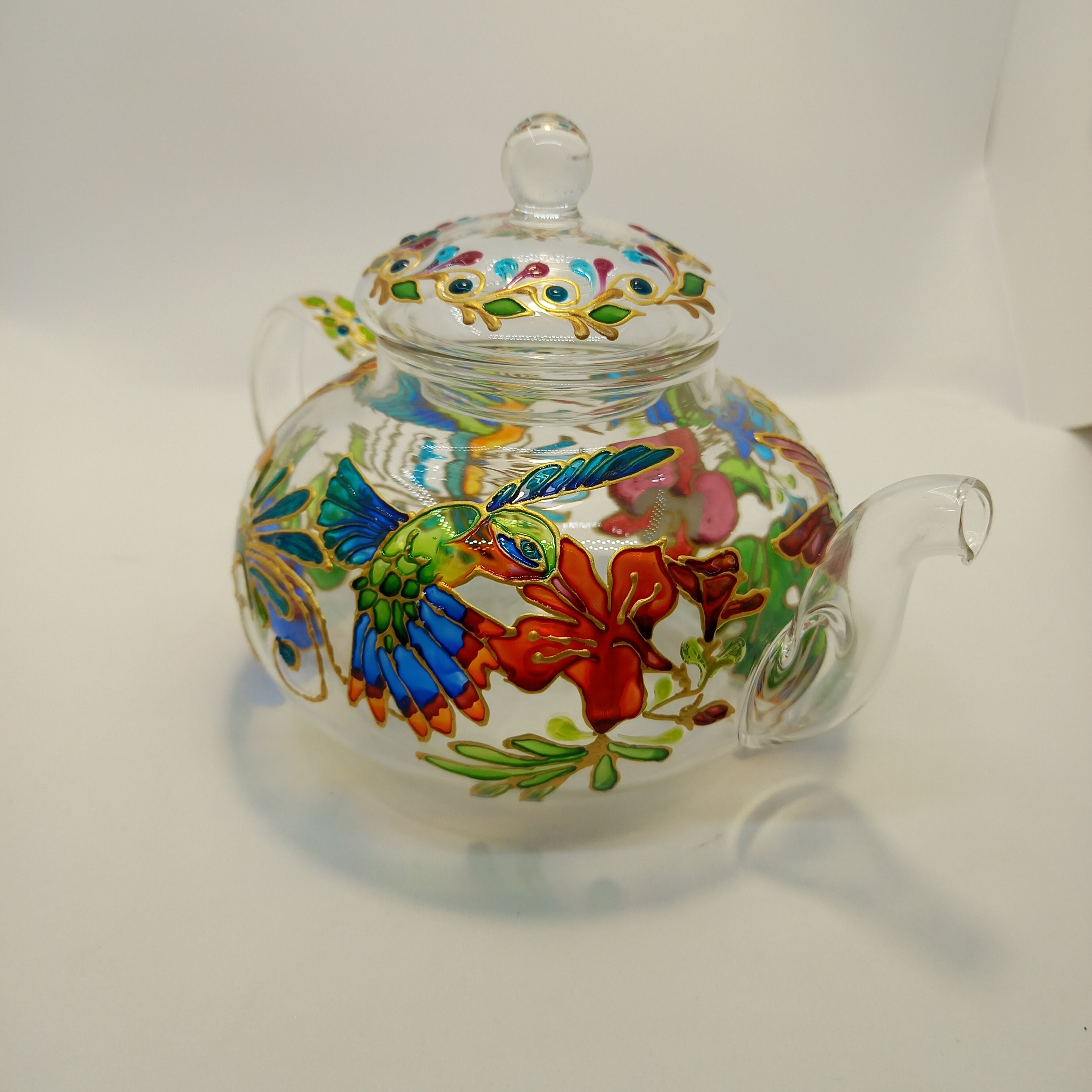 Stained Glass Teapot 20 oz 600 ml Hummingbirds Hand Painted Etsy
