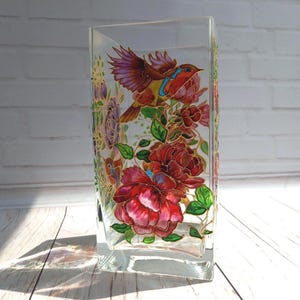 Stained glass vase Peonies vase 10 inch vase Flower vase Robin Personalized vase Custom Vase  Mothers day gift Bird art Peony flowers art