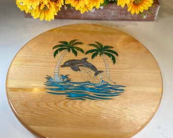 Lazy Susan Dolphin 18", Serving Tray, Charcuterie Board, Engraved Color Filled. Perfect for Mothers Day and Fathers Day, Home Kitchen Decor