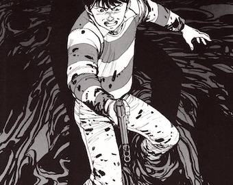 May include: A black and white illustration of a person with short dark hair, wearing a striped shirt and pants, holding a gun. The person is standing in a dark, swirling liquid.