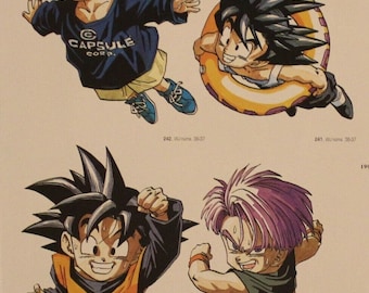 May include: Four cartoon illustrations of characters from the Dragon Ball Z anime series. The characters are all young boys with spiky hair and wearing different outfits. The characters are all in different poses, some are flying, some are running, and some are standing. The characters are all smiling and looking happy.