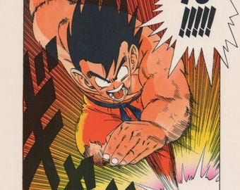 Puede incluir: Ilustración de cómic de un personaje musculoso en una pose dinámica, con ropa naranja y roja, cabello negro y una expresión decidida. Hay un bocadillo con texto japonés y signos de exclamación, junto con líneas de acción.