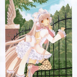 以下が含まれることがあります： 白とピンクのドレスを着た、長い金髪のキャラクターのアニメスタイルのイラスト。キャラクターは黒いフェンスに寄りかかっており、背景には緑の木々と青い空があります。キャラクターは猫耳の白い帽子をかぶっています。