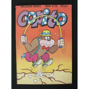 Könnte beinhalten: Ein Comic-Cover mit einem Cartoon-Bären, der einen Hut trägt und Seil springt. Das Cover ist orange und gelb mit dem Titel "Copito" in großen, violetten Buchstaben mit weißen Punkten.