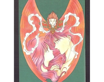 May include: A romantic illustration of two anime characters with pink hair, surrounded by red wings. The male character is on the right, and the female character is on the left. The male character is looking at the female character, and the female character is looking at the male character. The two characters are close together, and their faces are almost touching. The background is a dark green color.