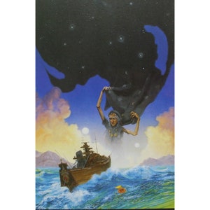 May include: A painting of a woman holding a dark cloth with stars on it, standing in front of a ship sailing on a stormy sea. The sky is a dark blue with clouds and stars.