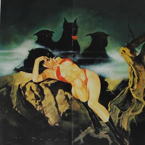 May include: Artwork depicting a woman in a red swimsuit and black boots, reclining on a rock formation. Silhouetted black dogs are in the background against a dark green and blue backdrop. The artwork has a vintage comic book style.