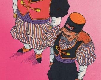Puede incluir: Ilustración de dos figuras vistas desde arriba. Llevan sombreros naranjas y negros con las letras "RR", chaquetas negras y chalecos rojos. Sus pantalones a rayas tienen rayas verticales blancas, moradas y naranjas. El fondo es rosa.