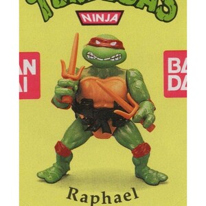 May include: A green Teenage Mutant Ninja Turtles action figure of Raphael holding a sai. He is wearing a red mask, an orange chest plate, and a black belt. The figure is standing on a yellow background with the words "Ninja" and "Raphael" printed below.