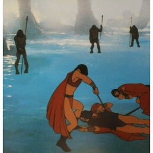 Tarjeta de vestíbulo de FIRE AND ICE de 1983, 34 x 23,5 cm (13,5" x 9,25"), película animada de Ralph Bakshi, artículo vintage original de España n.º 12