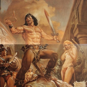 Könnte beinhalten: Illustration eines muskulösen Kriegers mit einem Schwert, der über einem besiegten Feind steht. Das Kunstwerk zeigt eine blonde Frau und andere Figuren in einer klassischen Umgebung. Der Stil erinnert an Fantasy-Kunst.