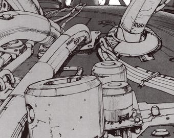 May include: A black and white illustration of a futuristic, industrial setting with pipes, wires, and machinery. The text "IN-BETWEEN 95" is visible on one of the machines.