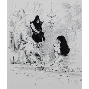 May include: Black and white illustration of a scene with three figures. A hooded figure stands in the center, holding a sword. A seated figure with a crown sits on a throne to the left. A woman kneels in front of the hooded figure, with her back to the viewer. The scene is set in a dark, shadowy room.